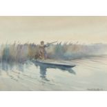 Frank Southgate RBA (British, 1872-1916), 'Flight Shooting'. A duck hunter at dawn in a punt next to