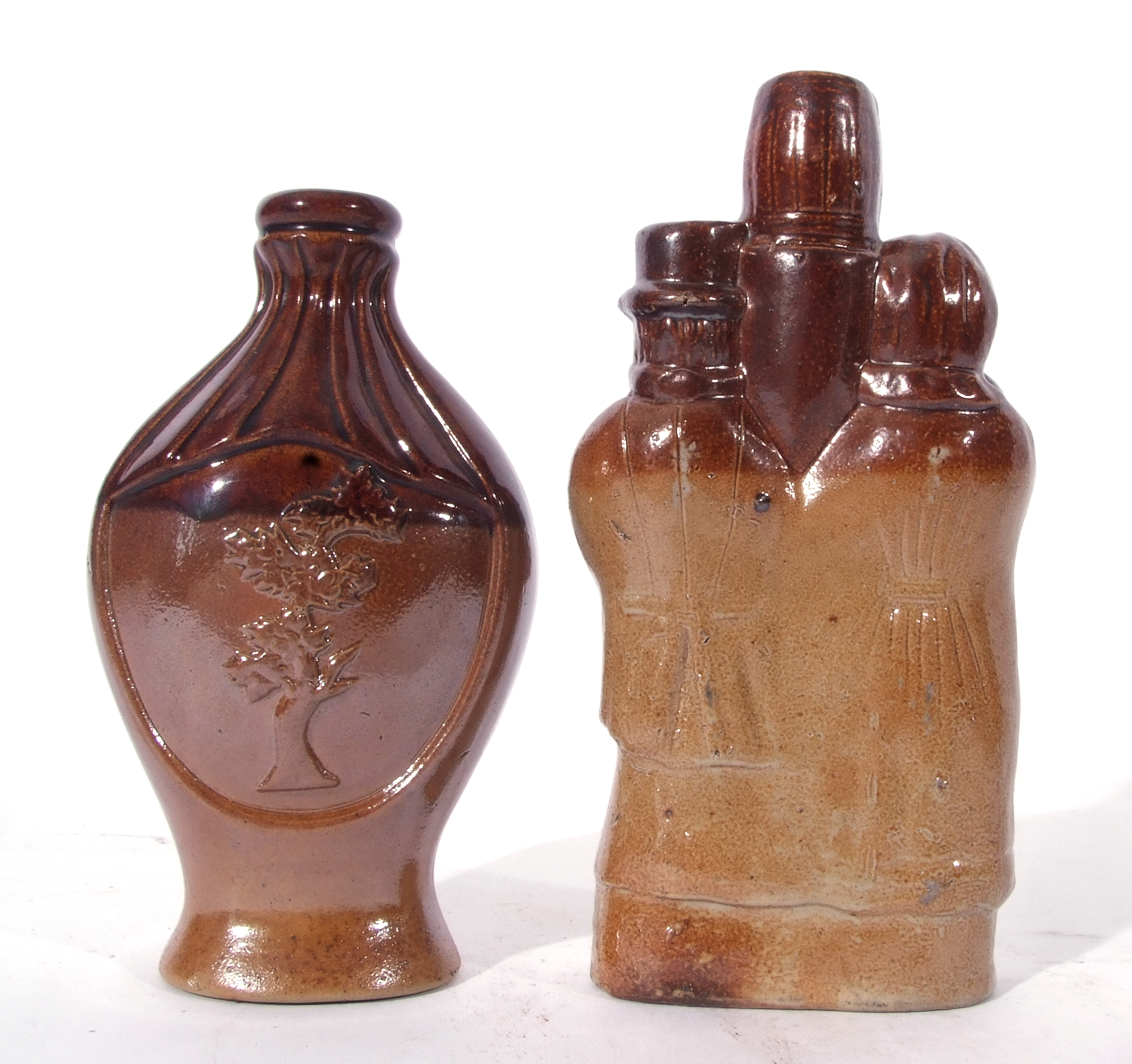 Salt glaze spirit flask of oval shape with flared base modelled with two figures with a tree - Image 4 of 6