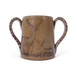 Smith & Co salt glazed two handled mug or tyg, with incised decoration of deer and antelope verso,