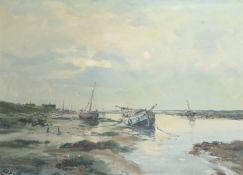 Jack Cox (British, 1914-2007), Fishing boats hauled up at low tide. Oil on board, signed. 54 x 74cm