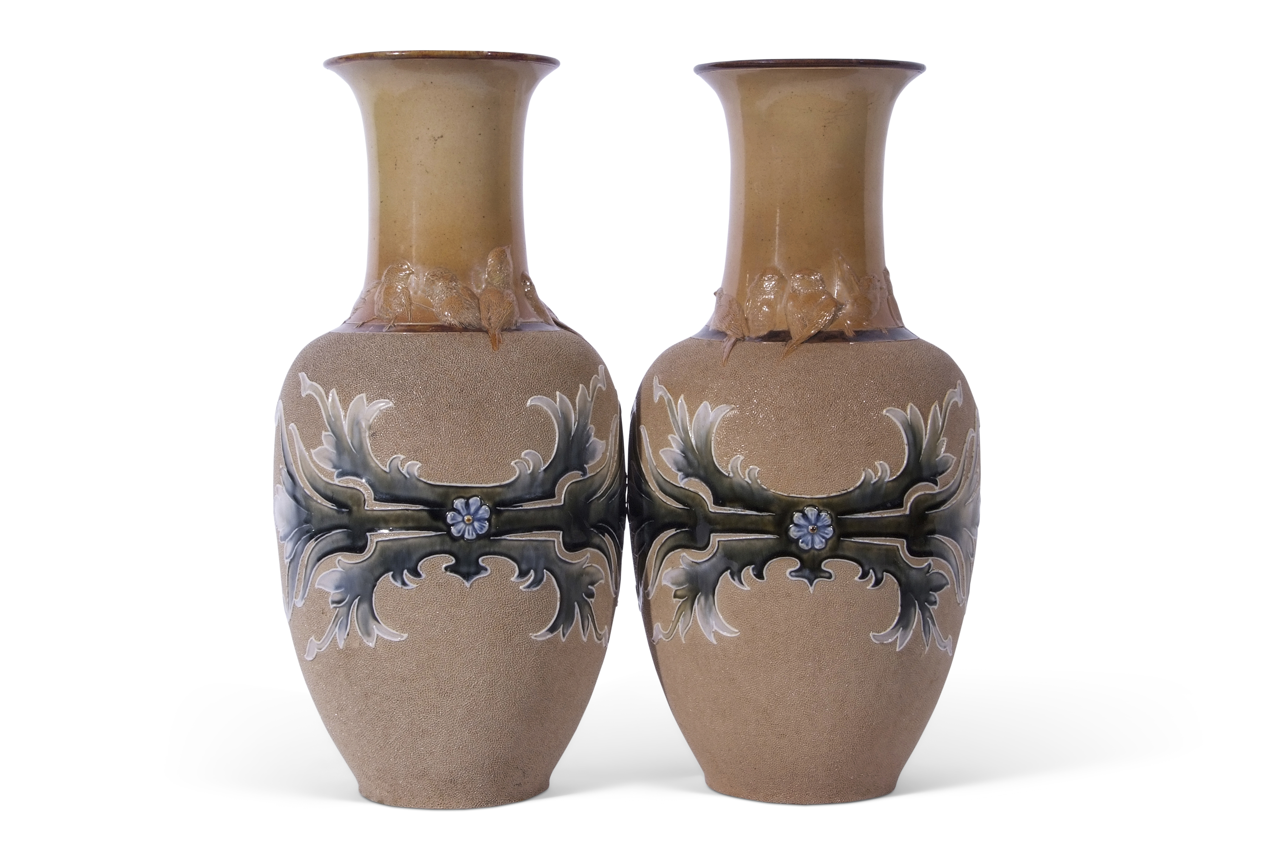 Pair of Doulton Lambeth vases, the stippled brown ground with a green floral design with birds in