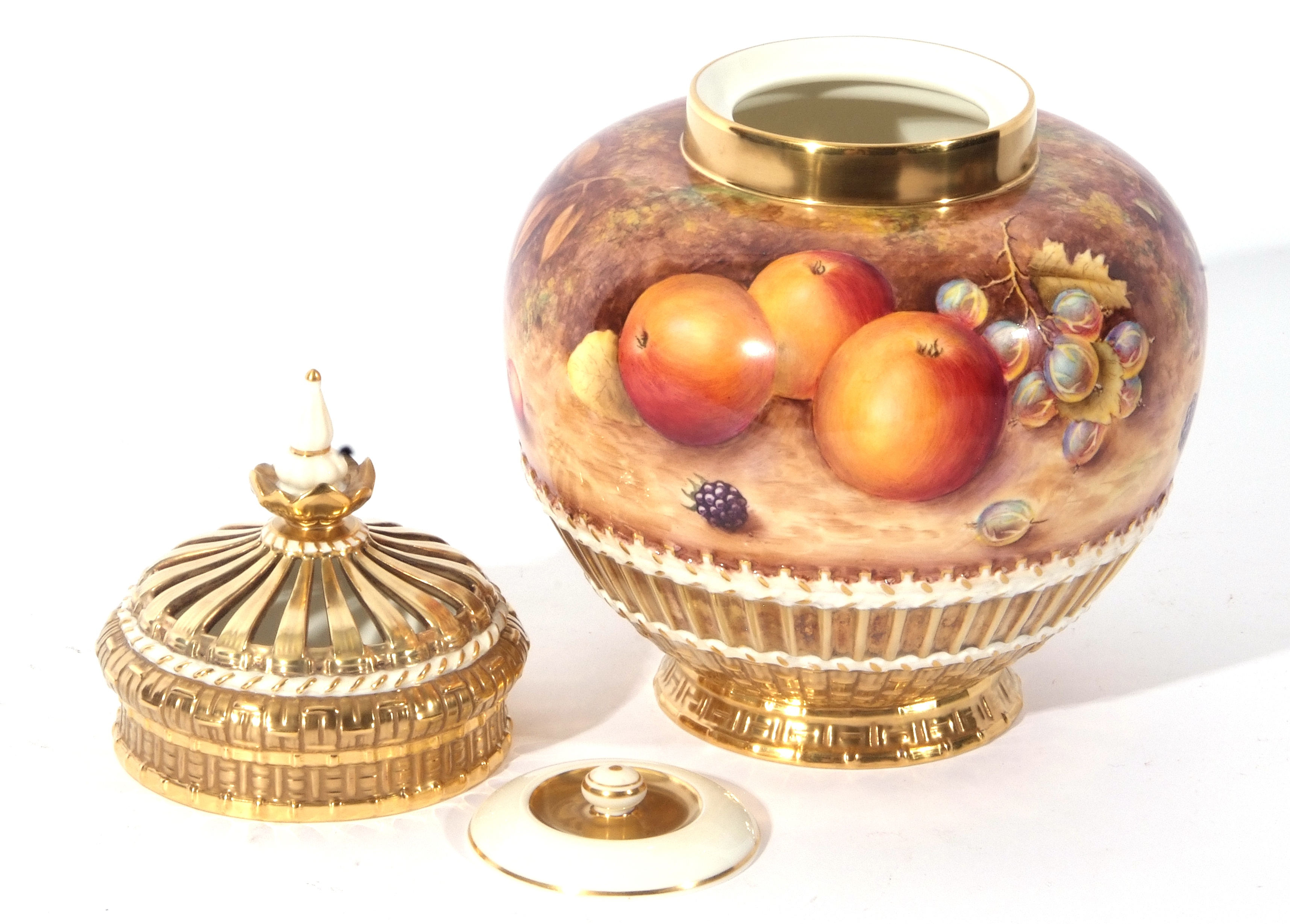 Royal Worcester large vase decorated with fruit, signed by T Nutt, with reticulated gilt cover and - Image 7 of 9