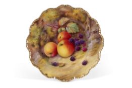 Royal Worcester plate with painted fruit by T Lockyer, within a gadrooned gilt rim, 22cm diam