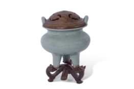 Longquan celadon censer on shaped wooden stand with wooden cover, 10cm high. Provenance: the
