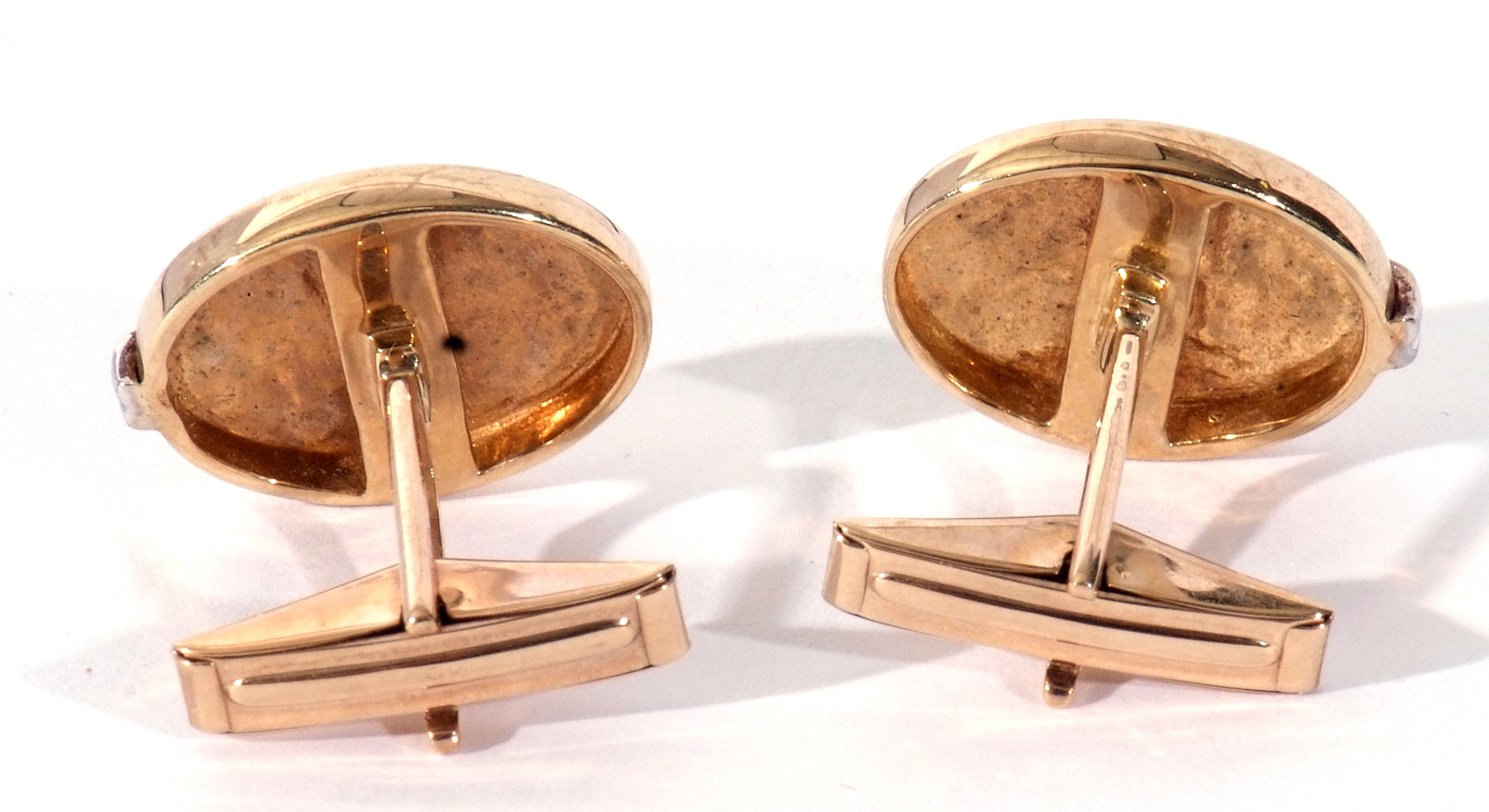 Pair of 9ct two-tone gold cuff links of polished oval domed form, each highlighted with a small - Image 2 of 2