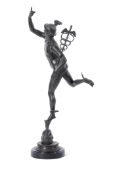 Early 20th century Continental bronzed spelter figure of Mercury set on a circular base, 56cm high