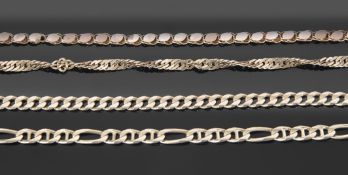 Mixed Lot: four modern 14K stamped bracelets, various lengths, g/w 31.5gms