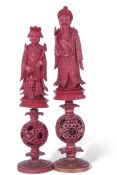 Pair of Chinese 19th century export chess pieces modelled as the King and Queen representing the