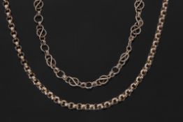 Mixed Lot: a 375 stamped fancy link necklace, together with a yellow metal belcher link chain (