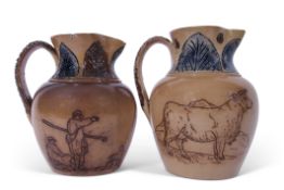 T Smith & Co jug, the globular body with incised decoration in Hannah Barlow style of cows,