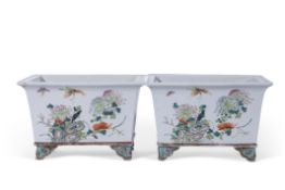 Pair of late 18th/early 19th century Chinese porcelain planters with polychrome designs of flowers