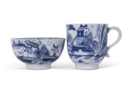 Lowestoft cup with blue and white design of a pagoda and island scene verso, together with a tea