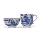 Lowestoft cup with blue and white design of a pagoda and island scene verso, together with a tea