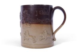 Mortlake (Kishere) pottery tankard with sprigged decoration of a hunting scene, the tankard