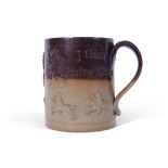 Mortlake (Kishere) pottery tankard with sprigged decoration of a hunting scene, the tankard