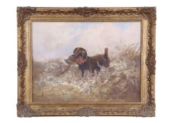 Attributed to Thomas Smythe (British, 1825-1906), Spaniel with a pheasant in a landscape. Oil on