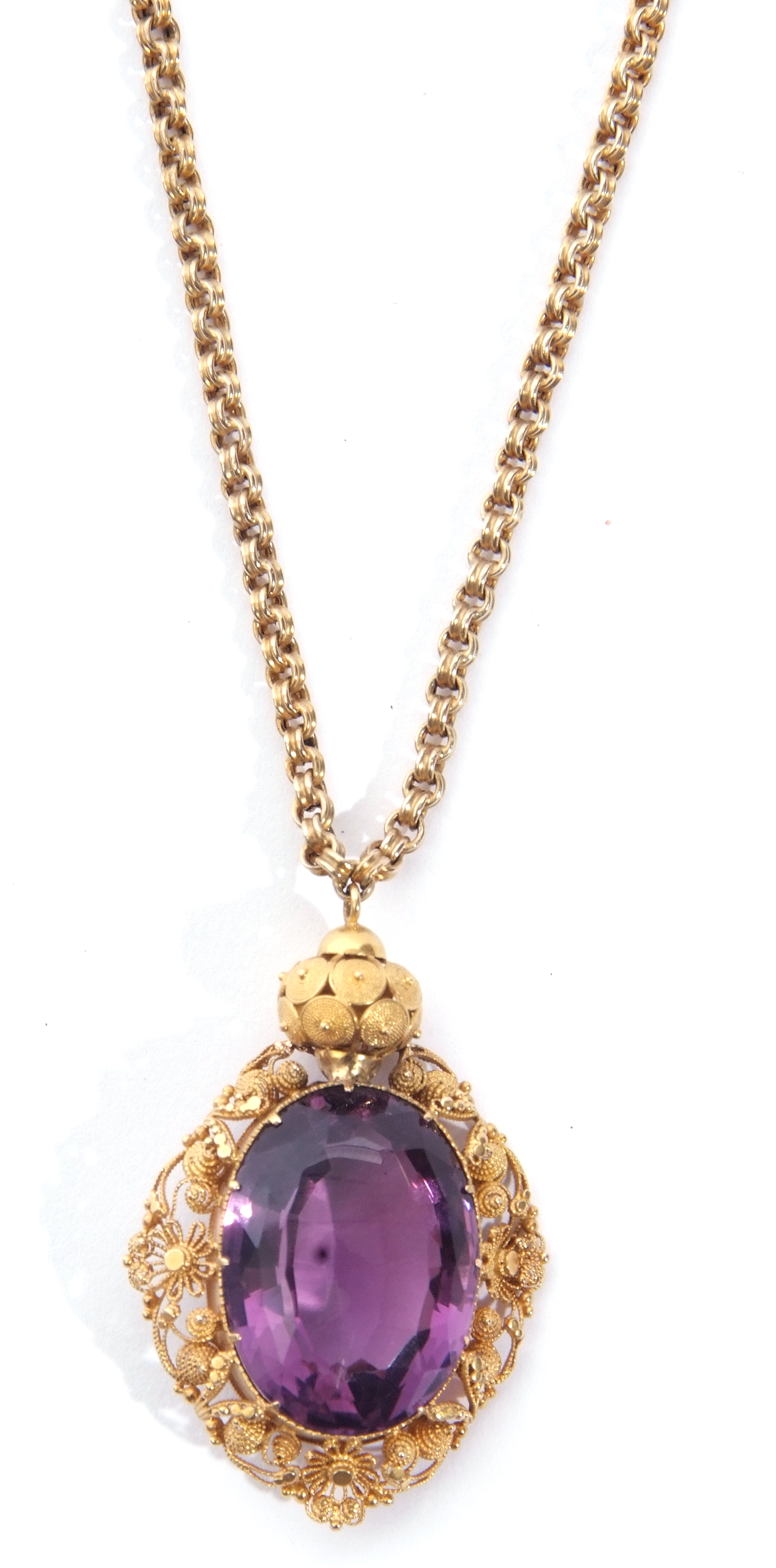 Antique amethyst pendant and chain, the oval faceted amethyst, 22 x 14mm, in an ornate Etruscan - Image 4 of 7