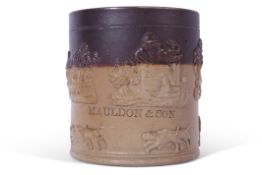 Smith & Co salt glaze tankard, the two-tone brown body with sprigged decoration of a hunting