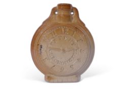 Fulham Pottery flask with clock face impressed patent chronometer, 17.5cm high, factory mark to