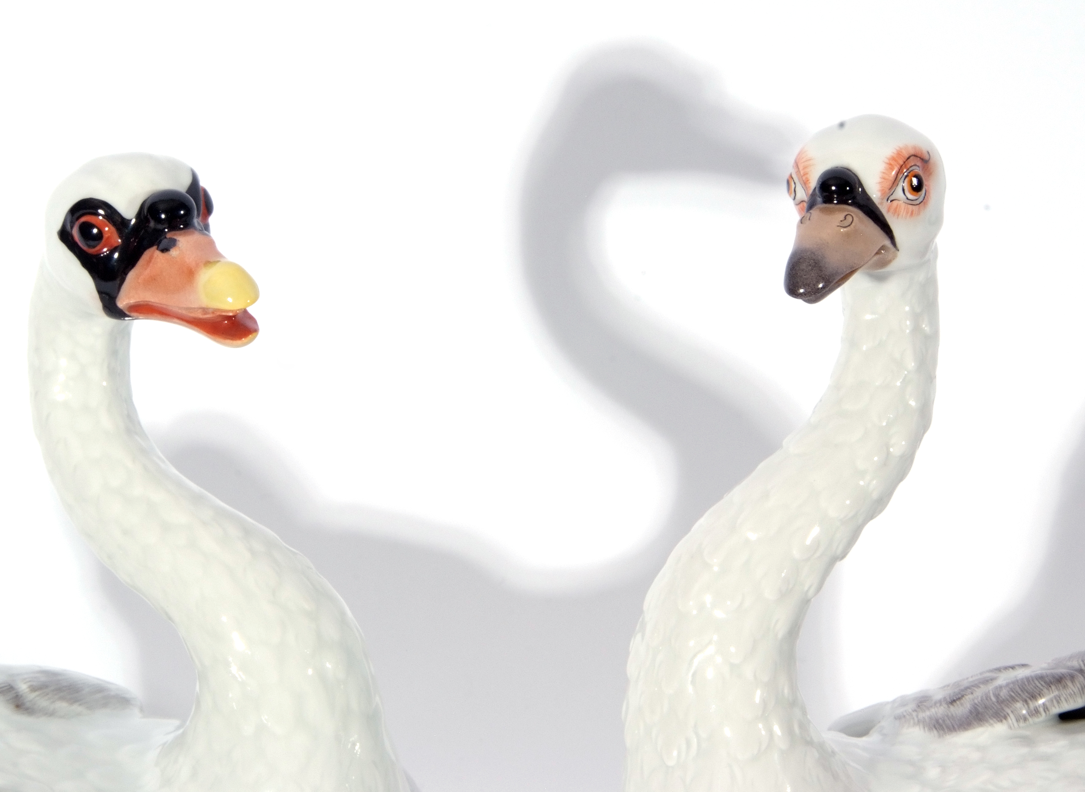 Large pair of Dresden porcelain swans on green leafy bases, modelled in Meissen style, 31cm high ( - Image 5 of 7