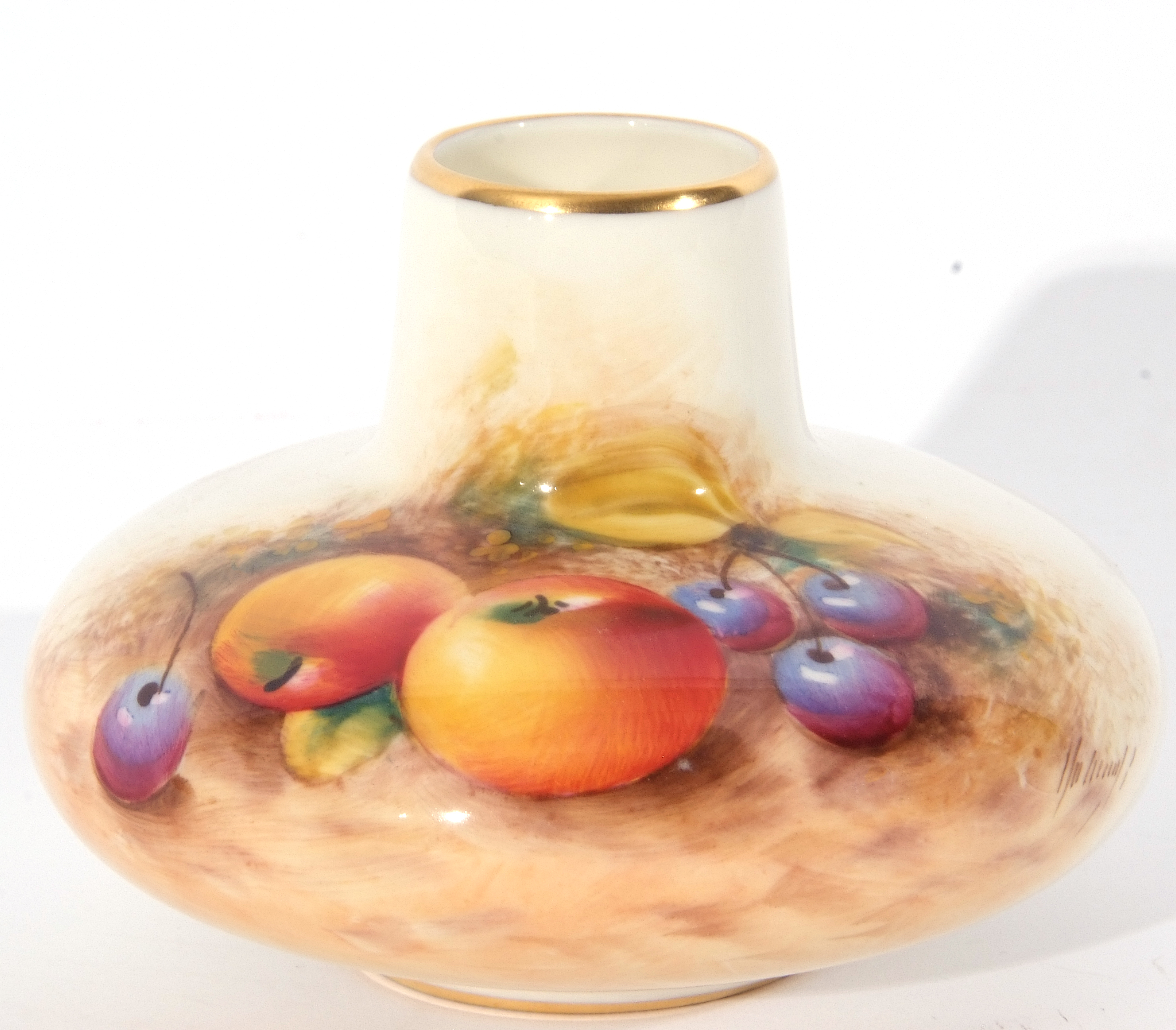 Small Royal Worcester vase decorated with fruit, indistinctly signed, 7cm high - Image 3 of 3