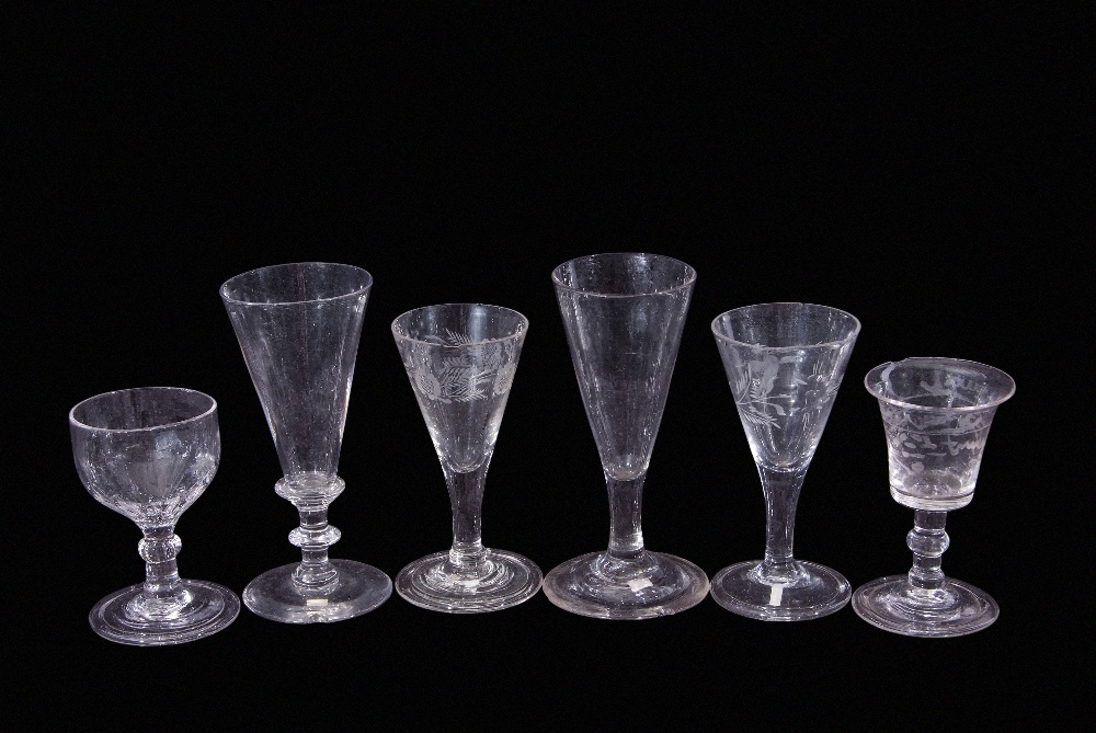 Group of six assorted 18th century glasses, varying sizes, two with knopped stems, one with