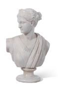 After Leochares, white marble bust depicting Diana the Huntress on socle base, overall height 55.