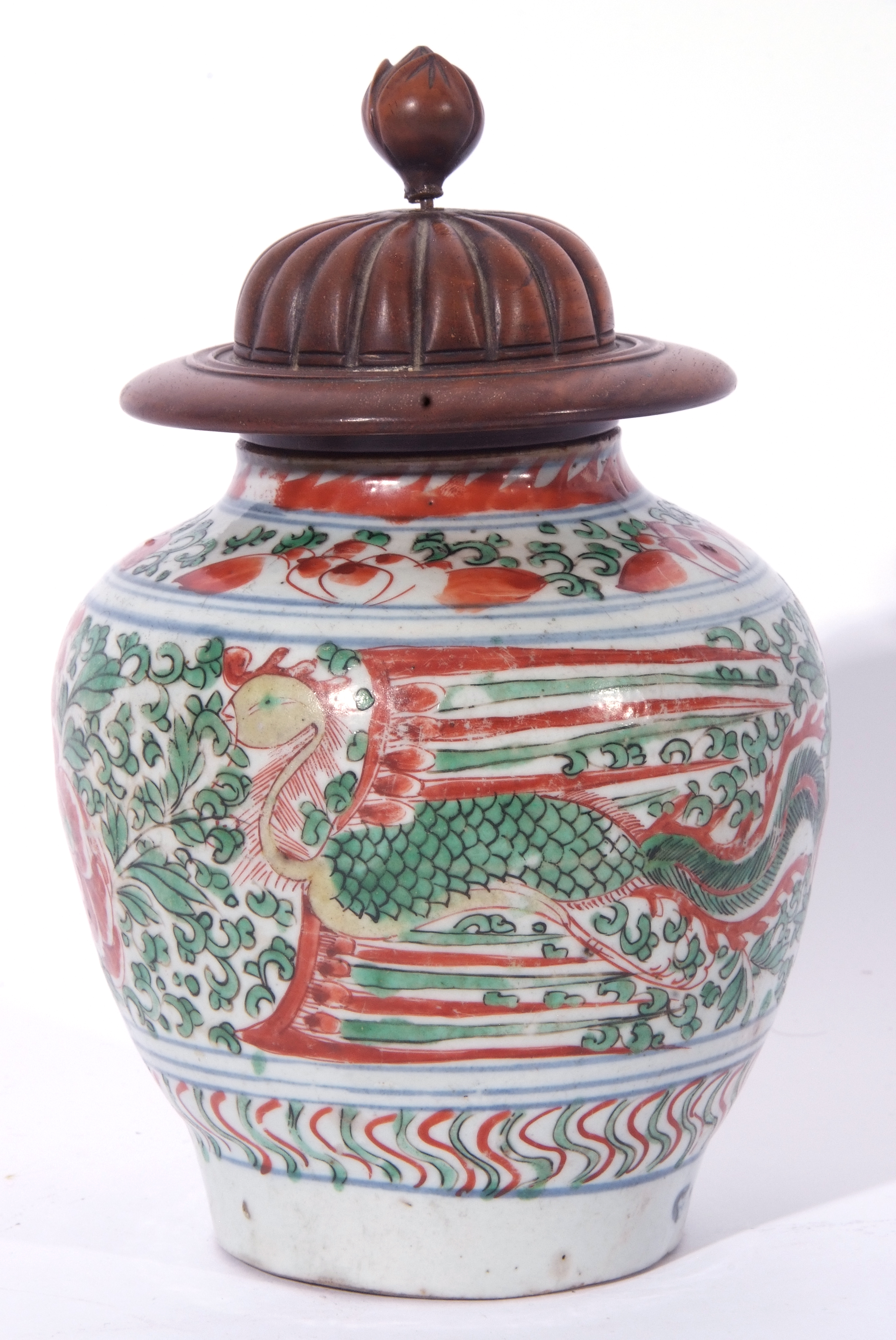 Ceramic jar, possibly Middle Eastern, decorated in iron red and green enamels with a Ming type - Image 2 of 9