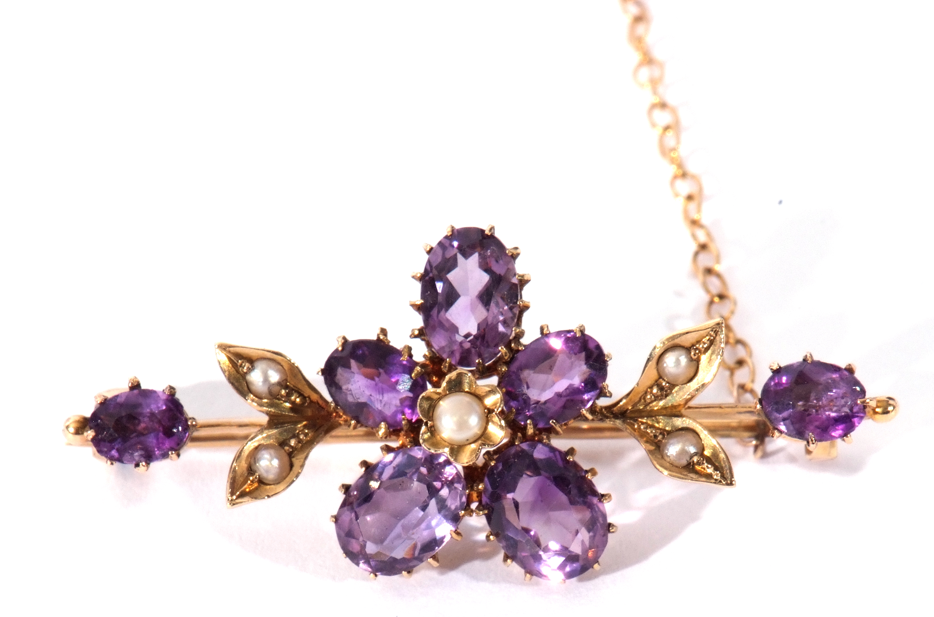 Victorian 18ct gold amethyst and seed pearl brooch, a flowerhead and bud design applied to a knife - Image 2 of 4