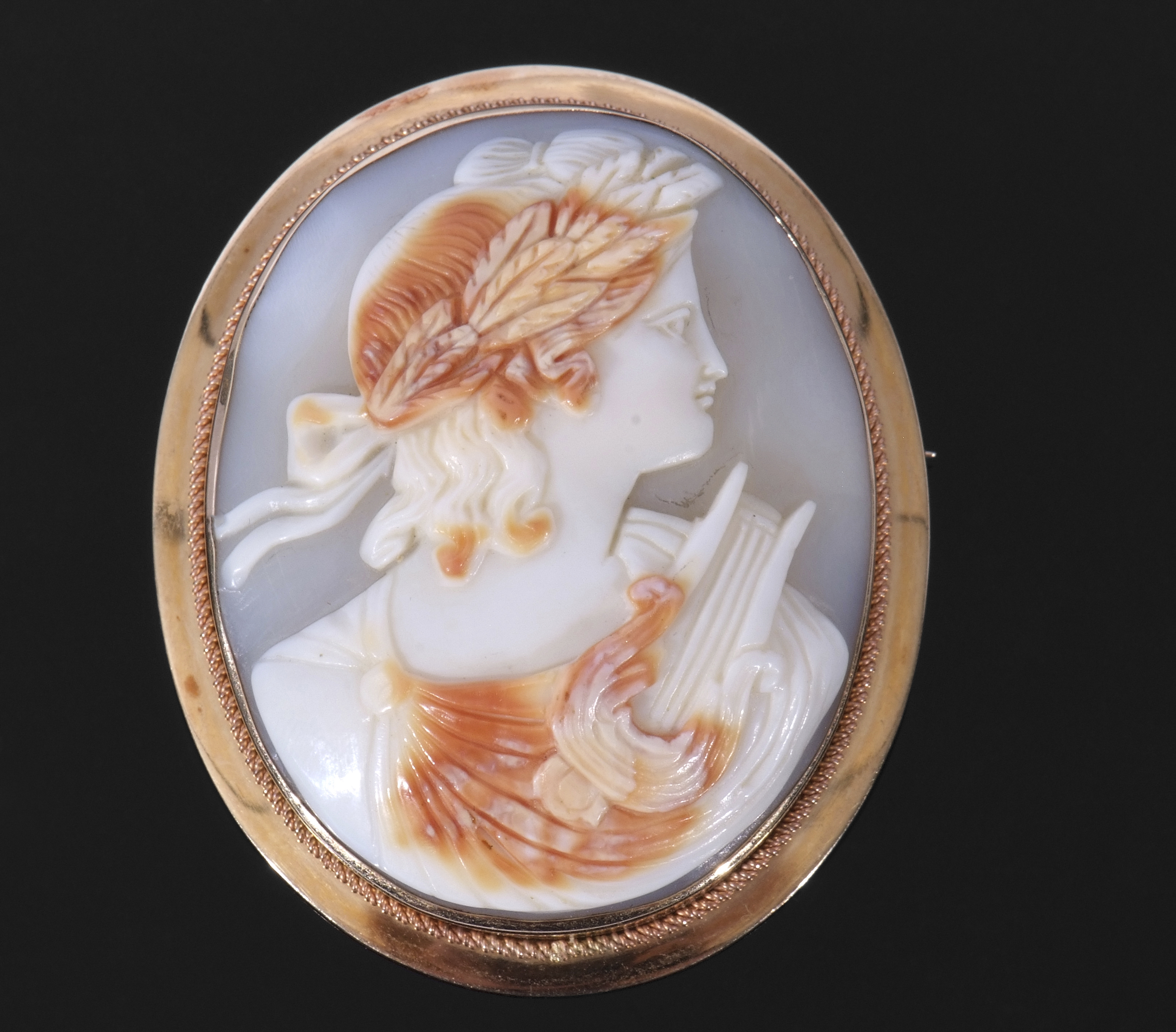 Large oval carved shell cameo depicting a Bacchanalian lady, 6 x 5cm, framed in a 14K stamped mount