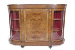 Victorian burr walnut break front credenza with gilt metal mounts, the central door with cross