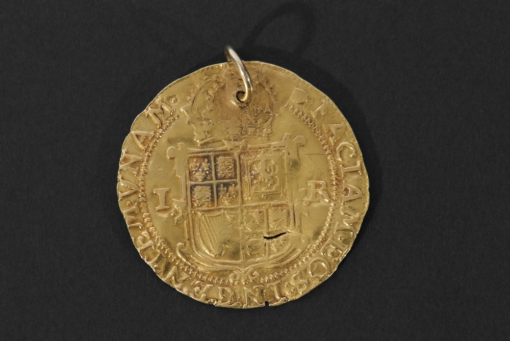 James 1 (1619-1625) gold Unite coin, 3.6cm diam, 10.1gms, worn and pierced, now with a ring mount