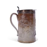 Large Mortlake (Kishere) tankard with plated rim and cover decorated with a square panel, possibly