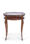 Late 19th century Kingwood and ormulu mounted bijouterie table having shaped hinged glazed lid and