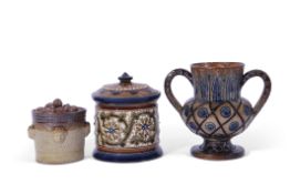 Group of Art pottery wares comprising a T Smith & Co two-handled vase, the buff background decorated