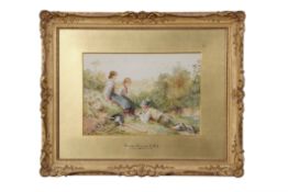 Attributed to Myles Birket Foster (British 1825-1899) Landscape with two children picking flowers