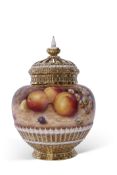 Royal Worcester large vase decorated with fruit, signed by T Nutt, with reticulated gilt cover and