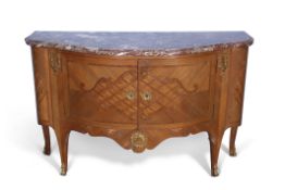20th century Kingwood side cabinet, with mottled and shaped marble top, below two inlaid cupboard