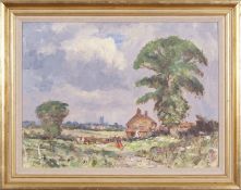 Martin Walton RA (British, 1932-2018), Landscape with a figure and cow before a farmstead. Oil o