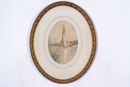 Stephen John Batchelder (British 1849-1932), Sailing Cruiser below Wroxham Bridge. Watercolour on