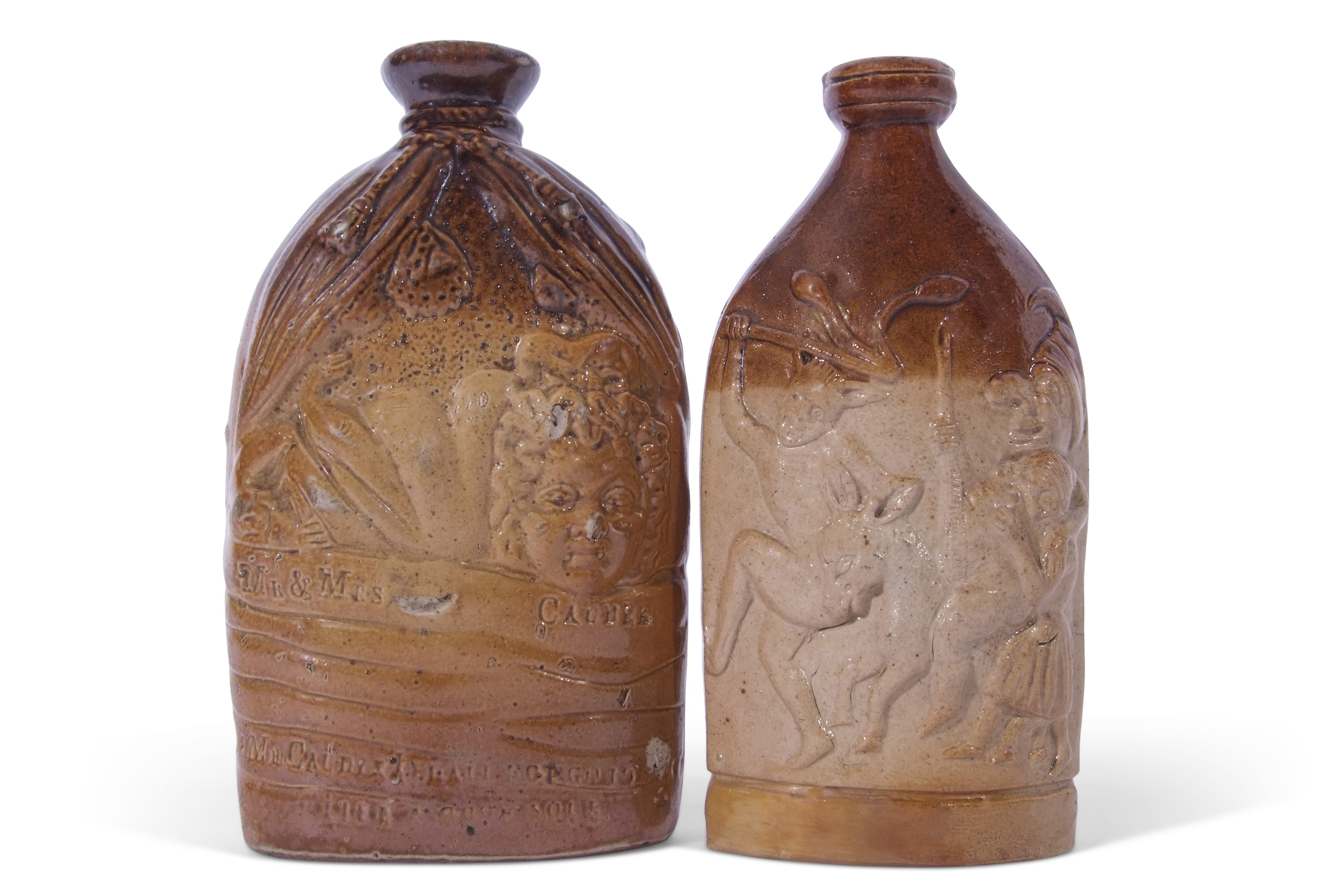 Mrs Caudle salt glazed spirit flask impressed with heads of Mr & Mrs Caudle, the reverse with Miss - Image 2 of 6