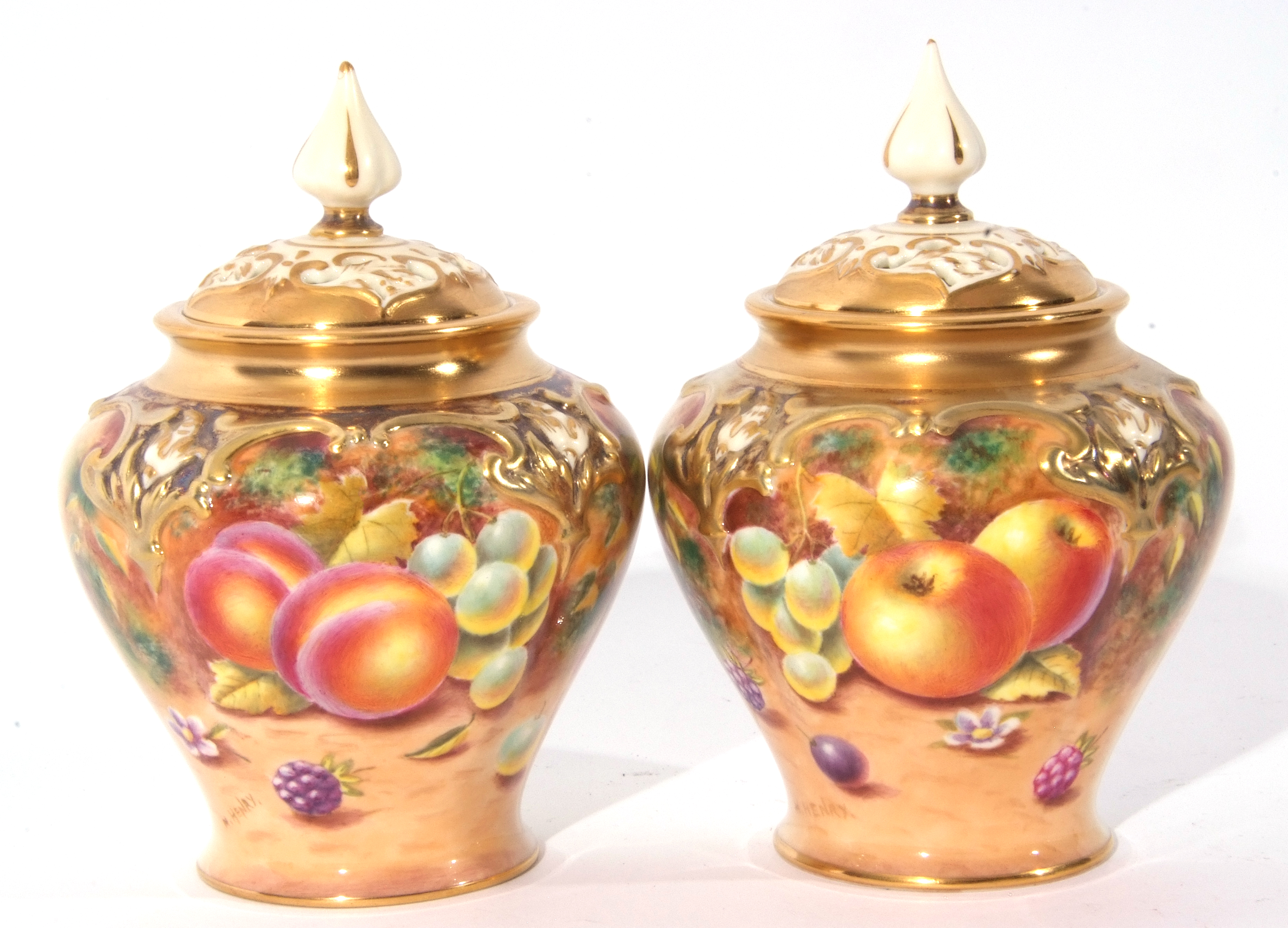 Small pair of Royal Worcester vases decorated with fruit, both signed H Henry, Royal Worcester black - Image 3 of 8