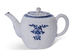 Unusual barrel shaped Lowestoft porcelain tea pot, the body moulded with a design of C-scrolls and