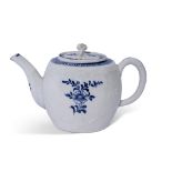 Unusual barrel shaped Lowestoft porcelain tea pot, the body moulded with a design of C-scrolls and