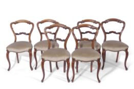 Set of six Victorian mahogany balloon back dining chairs with carved backs and uniform beige