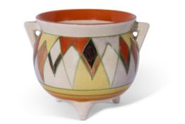 Clarice Cliff Bizarre Cauldron decorated with a geometric design in orange and yellow, 12cm high