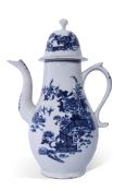 Lowestoft coffee pot and domed cover, decorated in underglaze blue with Lowestoft version of the