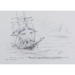 Kenneth Grant (British b.1934), A sketch of an unidentified ship under full sail. Pencil on paper,