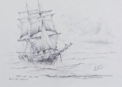 Kenneth Grant (British b.1934), A sketch of an unidentified ship under full sail. Pencil on paper,