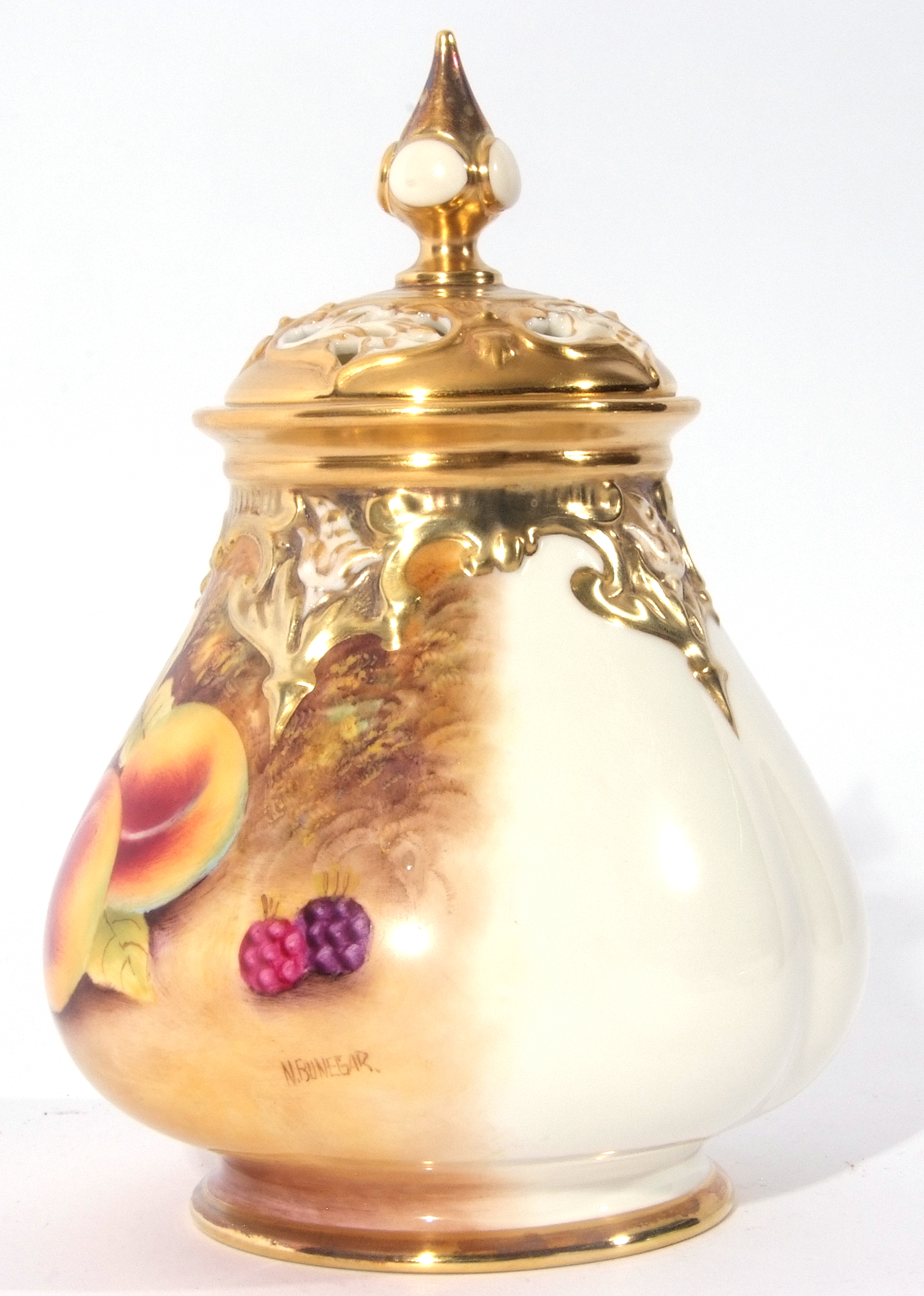 Royal Worcester vase with reticulated cover decorated with fruit, signed by N Bunegar, factory - Image 4 of 9